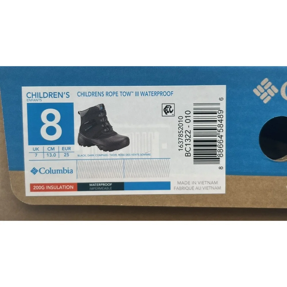 Columbia Rope Tow III Toddler Boys Girls Waterproof Snow Boots Size 8 Black Blue
